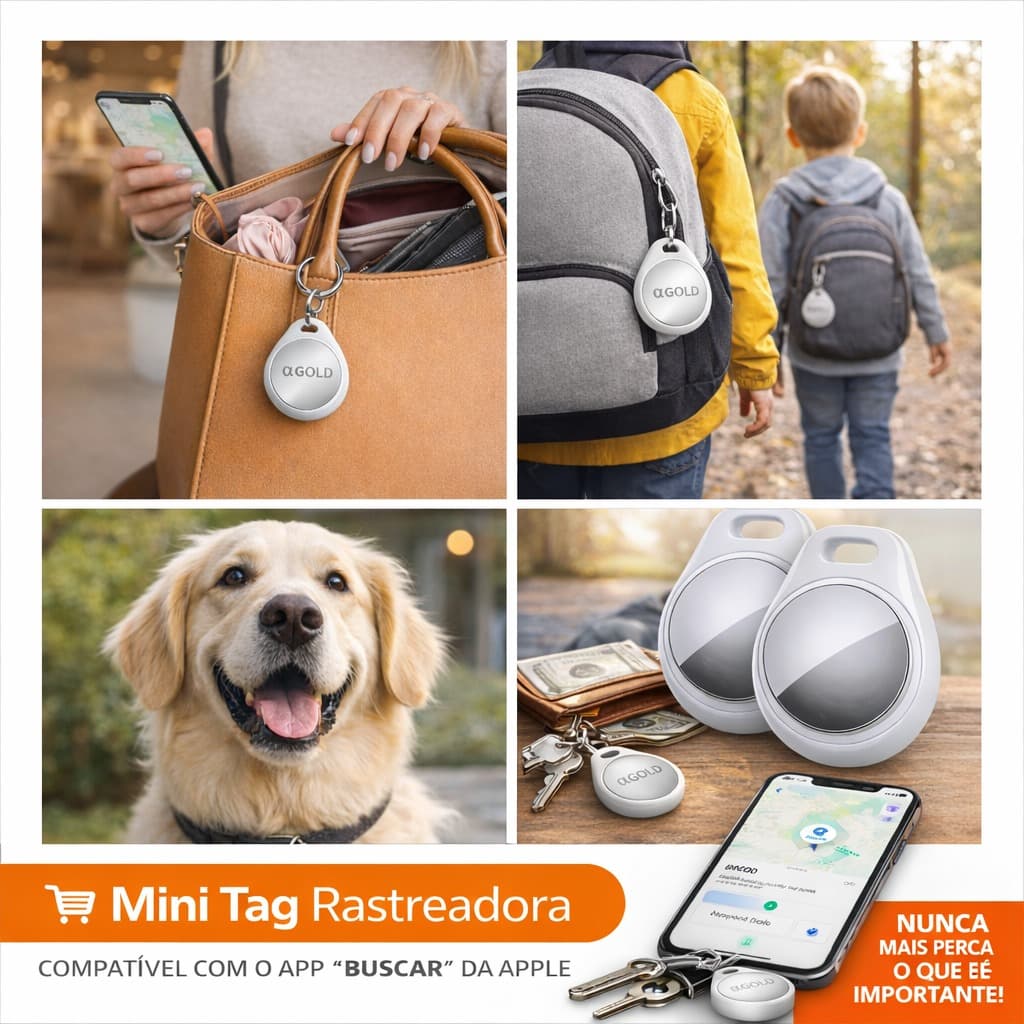Rastreador preso em bolsa, mochila e coleira de pet